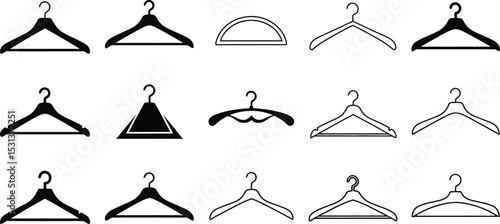 A collection of various clothes hangers displayed against a white background in a structured arrangement