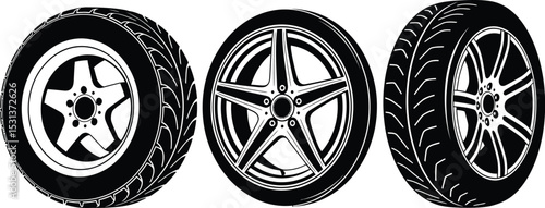 Three tires with different rim designs arranged horizontally on a white background in a graphic style