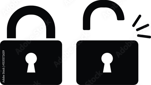 A simple illustration showing a black padlock in both locked and unlocked states against a white background