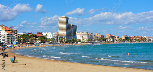 panoramic view of the beach, located on the Costa del Azahar The beach is characterized by fine golden sand Peniscola Spain