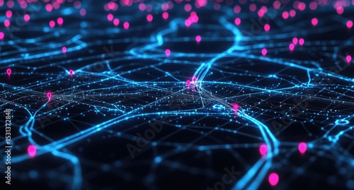 Wallpaper Mural Abstract city map, digital network.  Bright, glowing, blue lines and pink markers on dark background.  Intricate, detailed grid structure resembling a modern metropolis Torontodigital.ca