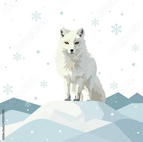Arctic fox standing on snowy mountain with snowflakes falling winter scene vector illustration 