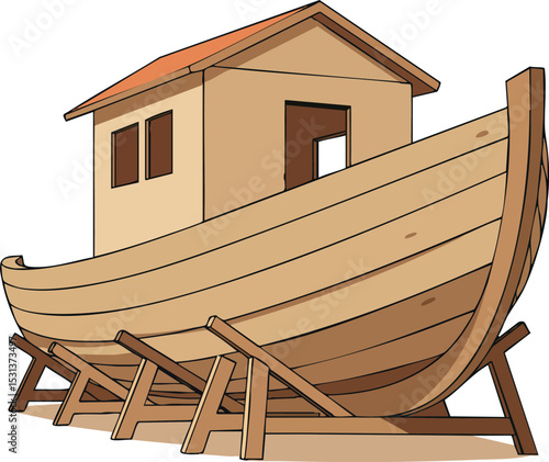 Wooden boat construction in progress on stands with cabin and roof natural colours vector illustration 