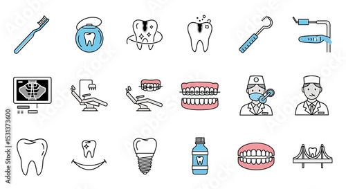 Vector icons Set of  Dental Care Icons Toothbrush Floss XRay Dentist Chair and Implants. Vector Illustrations