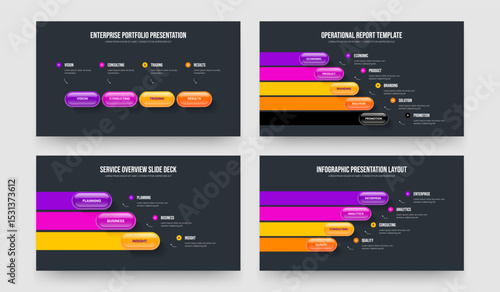 Market Insight Four Five Three Four Element Diagram Presentation Layout Vector Illustration Bundle. Marketing Briefing 4 5 3 4 Step Infographic Slideshow Design Set.