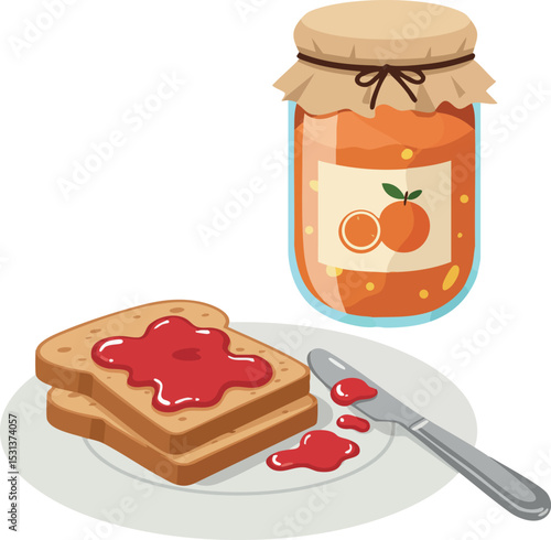 Orange Jam Jar with Toast and Spreading Knife Vector Illustration for Breakfast Snack Recipe 