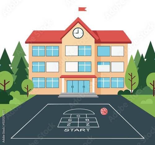 School building with playground and hopscotch game in front yard vector illustration 