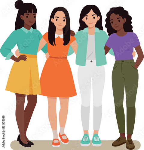 Diverse group of young women standing together in casual colorful outfits in friendship pose 