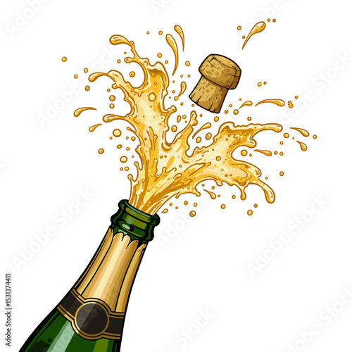 Champagne bottle erupting with sparkling liquid and cork flying  