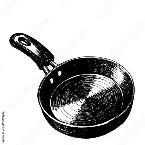 Cast iron frying pan with handle in black and white illustration  