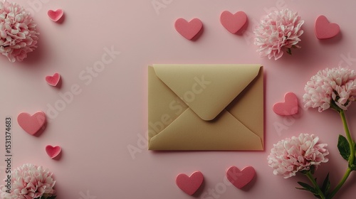 A tan envelope sits centrally on a pink background, surrounded by small pink hearts and light pink flowers