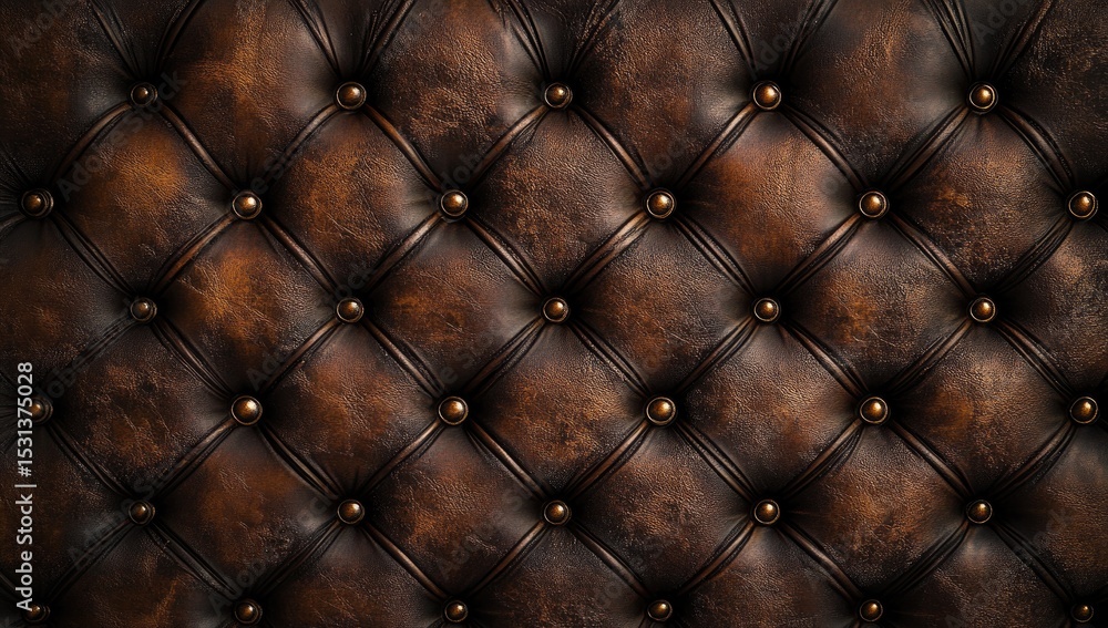 Obraz premium Close-up view of dark brown leather upholstery with diamond-quilted pattern and brass-colored studs