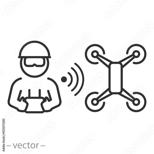 pilot fly drone icon, remote controller, drone operator, reconnaissance operations, thin line vector illustration