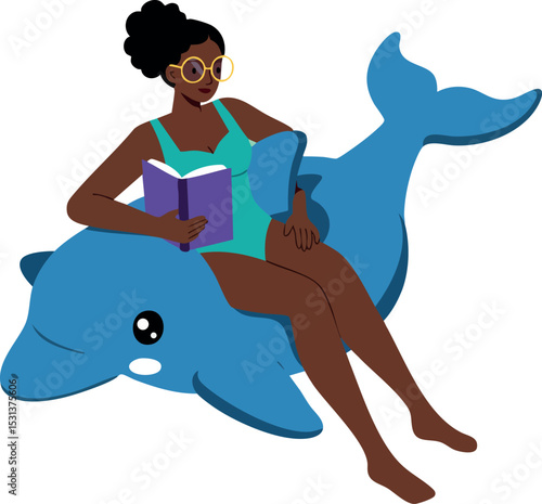 Woman Relaxing on Blue Dolphin Pool Float Reading Book Summer Leisure Activity 