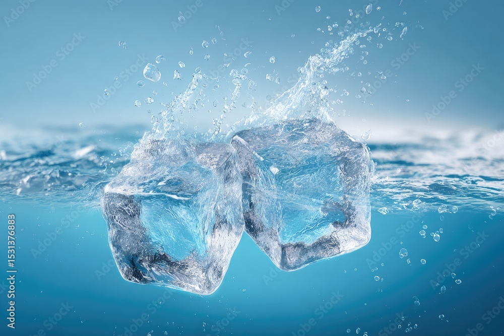 Obraz premium Two ice cubes splashing into water