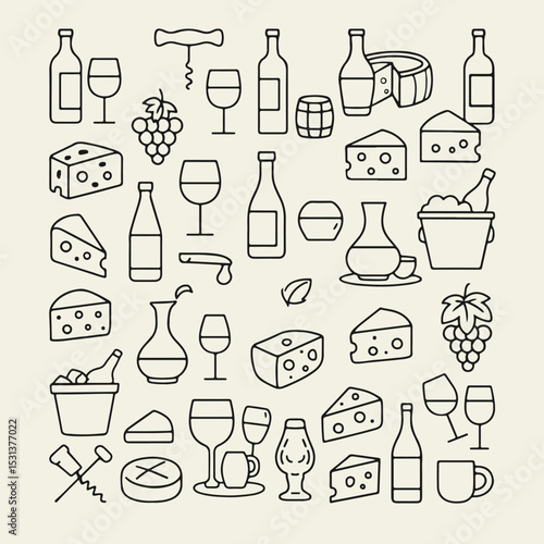 Black and white line icon set featuring wine and cheese elements. Includes bottles, glasses, cheese wheels, and accessories. Minimal flat vector style on white background.