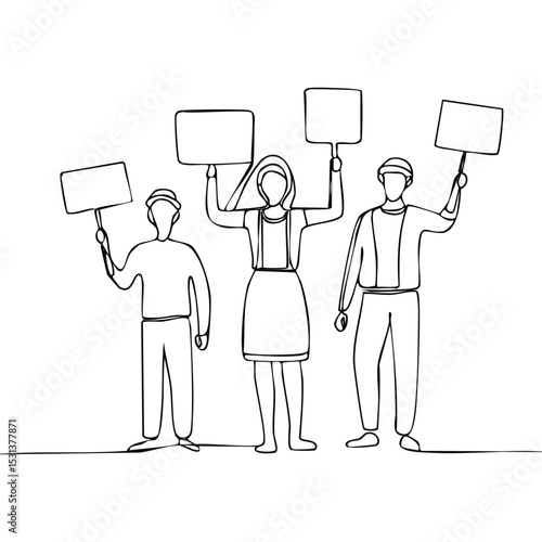 Minimalist one-line drawing of activists holding protest signs, different ages and identitie