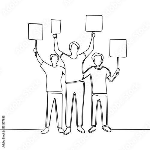 Minimalist one-line drawing of activists holding protest signs, different ages and identities