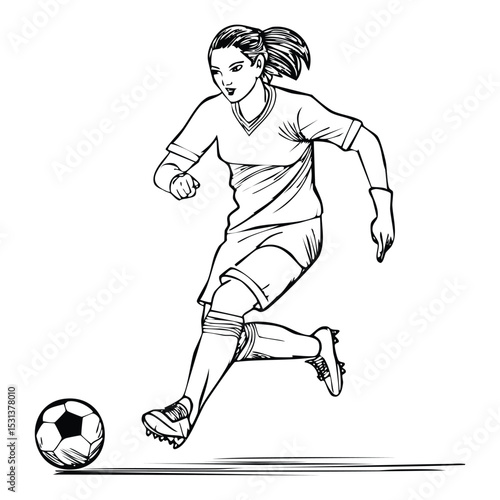Soccer player in motion, skillfully dribbling a ball with focused intensity