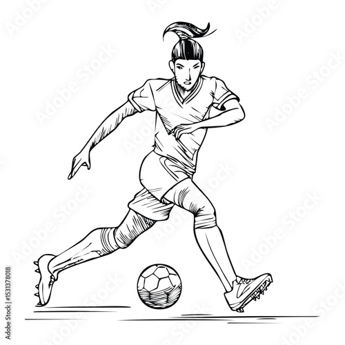 Soccer player in motion, skillfully dribbling a ball with focused intensity