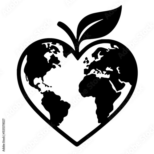 Heart Shaped World Map Icon with Leaf - Symbol of Global Environment and Love