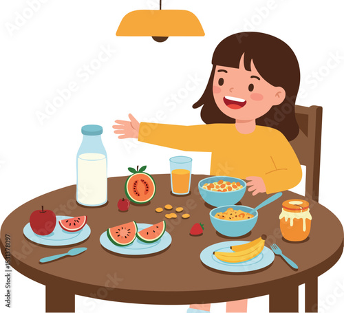 Child having healthy breakfast with fruits and cereal at round table vector illustration 