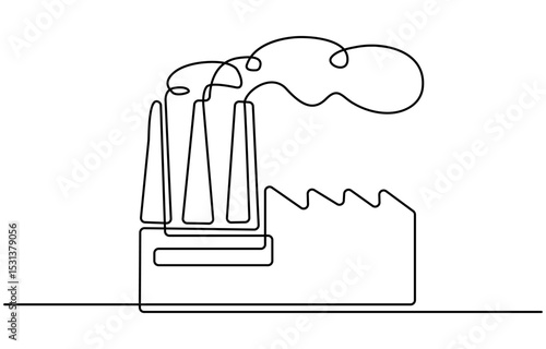 Continuous one line drawing of engineer holding blueprint paper and industrial plant with chimney. Factory architecture concept. Editable vector.