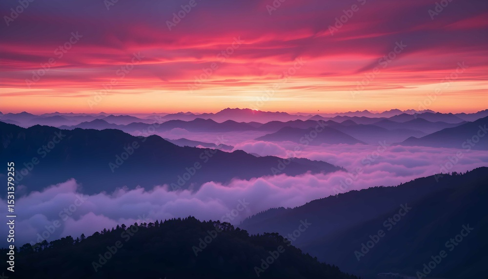 Obraz premium Beautiful mountain range landscape at sunset with pink and purple sky