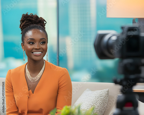 Smiling woman in orange dress being recorded on camera during interview in modern studio