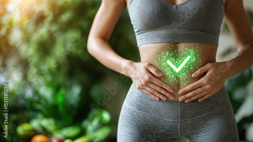 Woman showing good digestion with green check mark on stomach