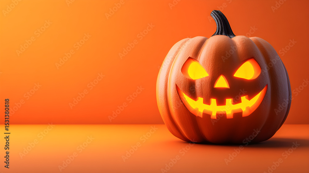 Glowing Halloween pumpkin with carved face on orange background Glowing Halloween pumpkin with carved face on orange background