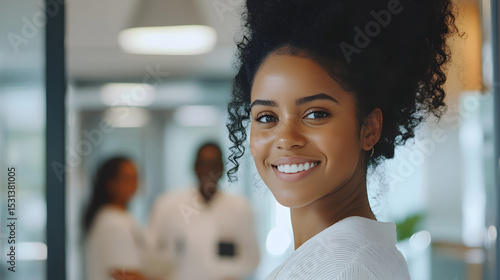 Smiling young Black woman leaving a modern medical clinic, looking back over her shoulder