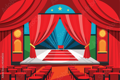 Colorful theater stage with red curtains carpet and rows of seats illustration