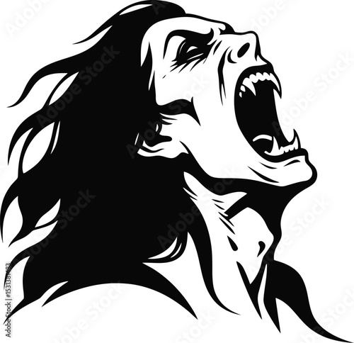 A silhouette of a figure wearing a pointed hat and a flowing cape against a white background space