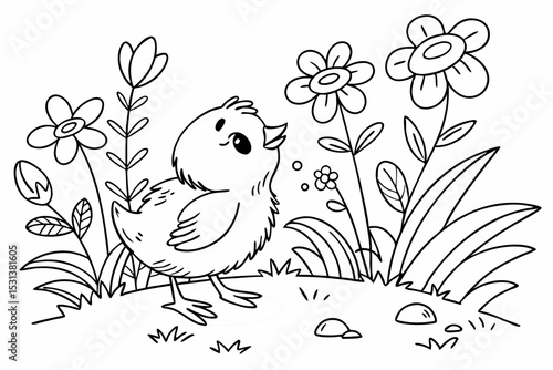 Newly hatched Easter chicken in the garden coloring page