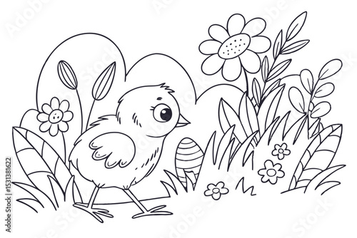 Newly hatched Easter chicken in the garden coloring page