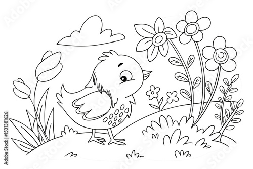 Newly hatched Easter chicken in the garden coloring page