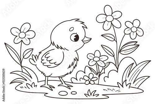 Newly hatched Easter chicken in the garden coloring page