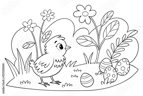 Newly hatched Easter chicken in the garden coloring page