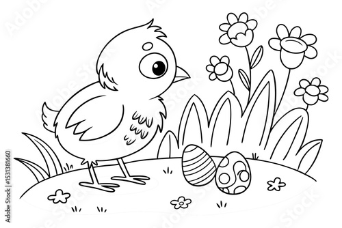 Newly hatched Easter chicken in the garden coloring page