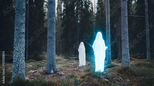 Ghosts haunt forest landscape eerily glowing