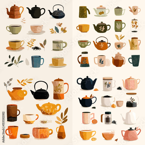 Stylized teapots and cups in hand-drawn cozy style, featuring leaves, herbs, and tea elements. Perfect for tea branding, wellness, or warm beverage visuals.

