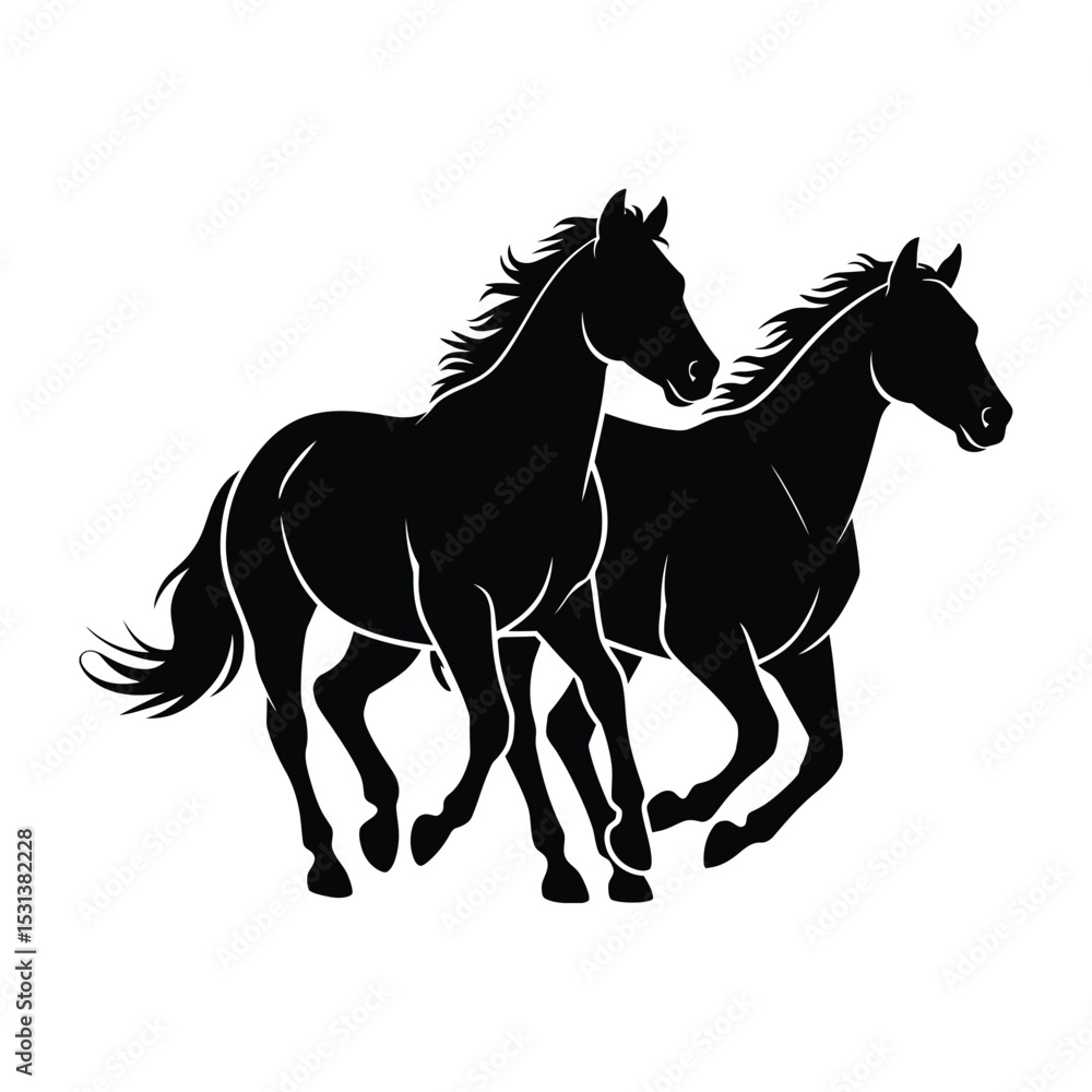 Obraz premium Dynamic Black and White Silhouette of Two Galloping Horses - Freedom, Power, Elegance