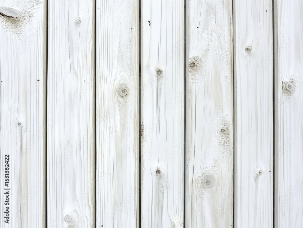 Fototapeta premium Close-up view of a white painted wooden plank fence. Vertical, even planks, showing wood grain and knots. Light and bright