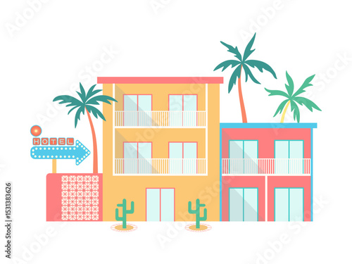 Retro summer hotel vector illustration. Colorful vacation building with balconies, palm trees, cactus, vintage sign isolated on white background. Beach resort flat design, tropical tourism concept