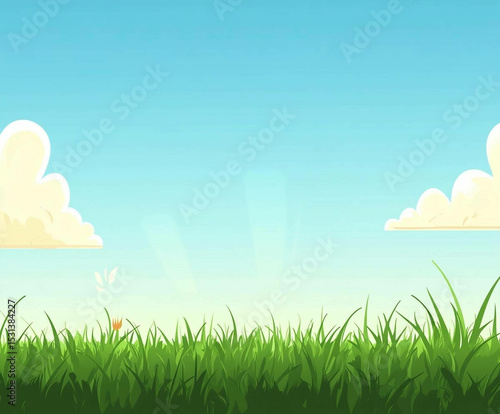 Serene Sunny Meadow Landscape Green Grass, Blue Sky, Fluffy Clouds Illustration