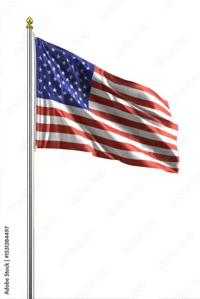 The United States flag waves on a tall pole against a clear white background, showcasing its red, white, and blue colors with stars and stripes. The United States flag waves on a tall pole against a clear white background, showcasing its red, white, and blue colors with stars and stripes.