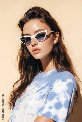 dark haired young woman with cat eyed sunglasses and blue tie dyed shirt