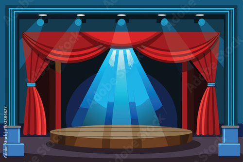 Illustration of a theatre stage with red curtains and bright spotlight shining down