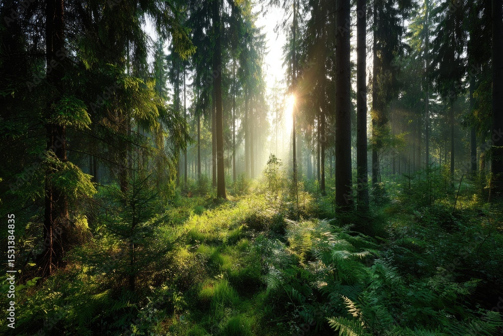 Obraz premium Sunbeams pierce a misty forest (1)